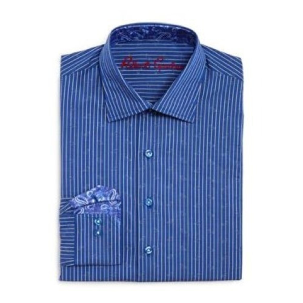 Robert Graham Boys Stripe Button down Dress Shirt BORGO‎ Navy Size Large 14 16